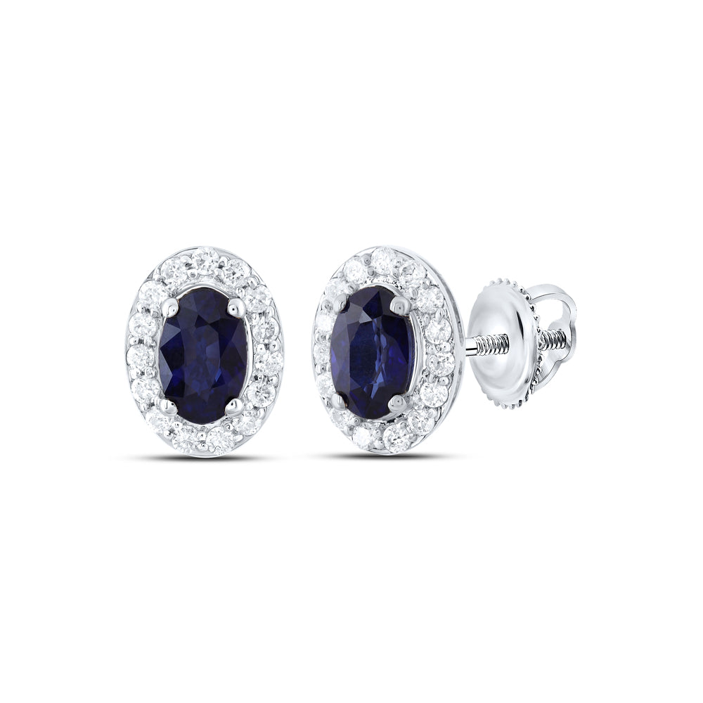 14kt White Gold 1/6 Cttw Natural Diamond 5x3mm Oval Blue Sapphire Natural Gem Stud Earring