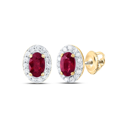 14kt Yellow Gold 1/6 Cttw Natural Diamond 5x3mm Oval Ruby Natural Gem Stud Earring