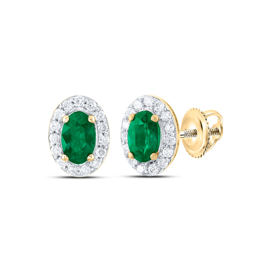 14kt Yellow Gold 1/6 Cttw Natural Diamond 5x3mm Oval Emerald Natural Gem Stud Earring