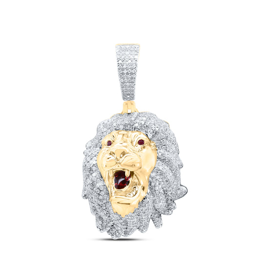 10kt Yellow Gold 1 1/3 Cttw Natural Diamond 0.04 Cttw Round Ruby Lion Mens Charm