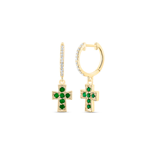 14kt Yellow Gold 1/10 Cttw Natural Diamond Ana M and 1/4 Cttw Round Emerald Natural Gem Dangling Cross Earring