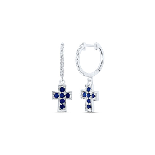 14kt White Gold 1/10 Cttw Natural Diamond Ana M and 1/3 Cttw Round Blue Sapphire Natural Gem Dangling Cross Earring
