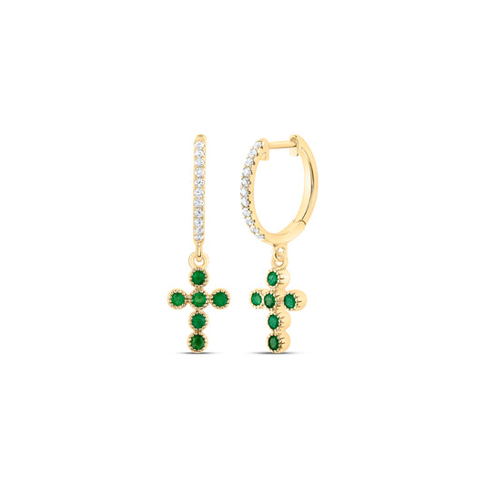 14kt Yellow Gold 1/10 Cttw Natural Diamond Ana M and 1/5 Cttw Round Emerald Natural Gem Dangling Cross Earring