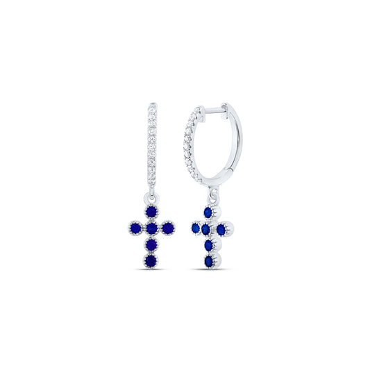 14kt White Gold 1/10 Cttw Natural Diamond Ana M and 1/3 Cttw Round Blue Sapphire Natural Gem Dangling Cross Earring
