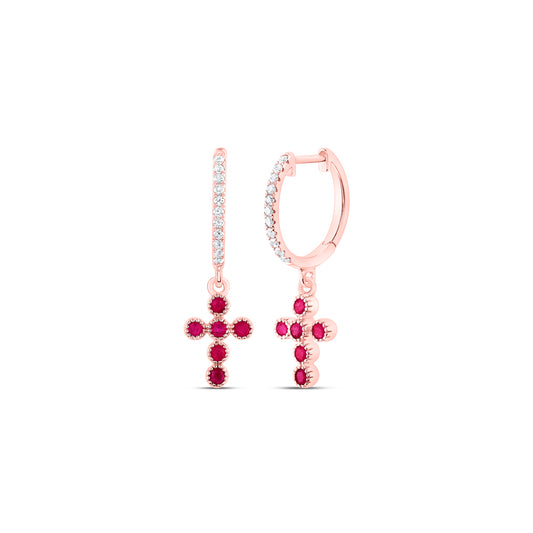 14kt Rose Gold 1/10 Cttw Natural Diamond Ana M and 1/4 Cttw Round Ruby Natural Gem Dangling Cross Earring