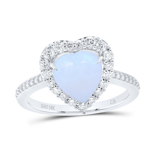 10kt White Gold 3/8 Cttw Natural Diamond 8.6x9.4mm Hs Opal Natural Gem Heart Wedding Engagement Anniversary Ring, Women Size: 5-9