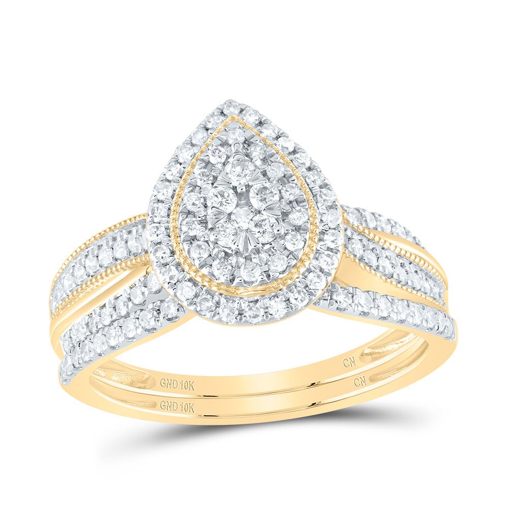 10kt Yellow Gold 1/2 Cttw Natural Diamond Pear Double Halo Wedding Engagement Anniversary Bridal Set, Women Size: 5-9