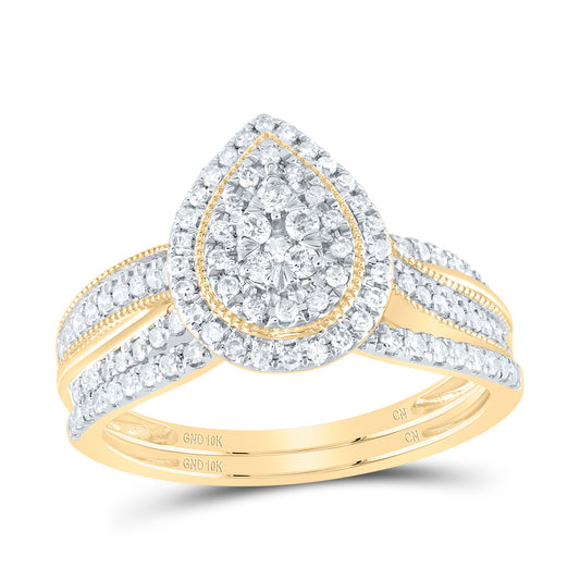 10kt Yellow Gold 1/2 Cttw Natural Diamond Pear Double Halo Wedding Engagement Anniversary Bridal Set, Women Size: 5-9