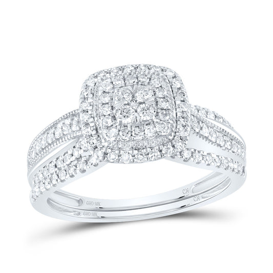 10kt White Gold 1/2 Cttw Natural Diamond Cushion Double Halo Wedding Engagement Anniversary Bridal Set, Women Size: 5-9