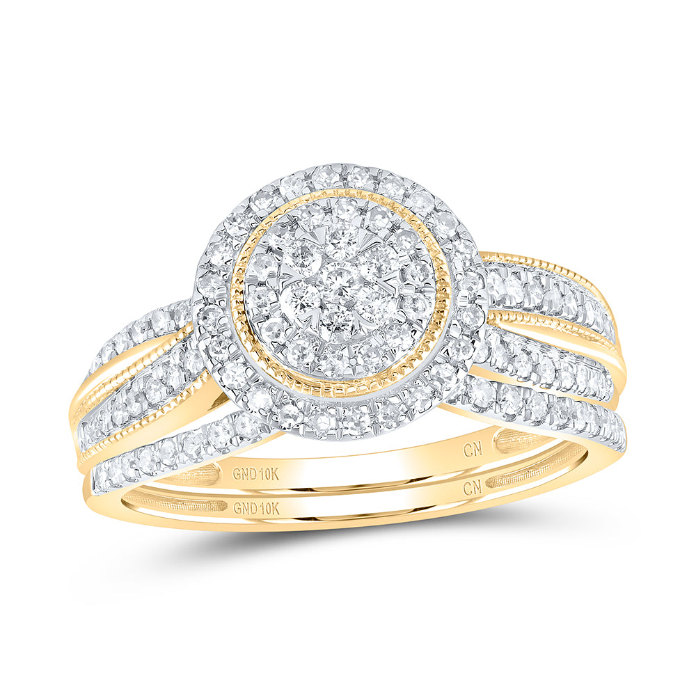10kt Yellow Gold 1/2 Cttw Natural Diamond Round Double Halo Wedding Engagement Anniversary Bridal Set, Women Size: 5-9