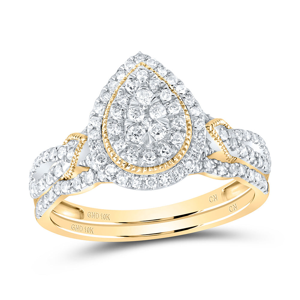 10kt Yellow Gold 1/2 Cttw Natural Diamond Pear Double Halo Wedding Engagement Anniversary Bridal Set, Women Size: 5-9