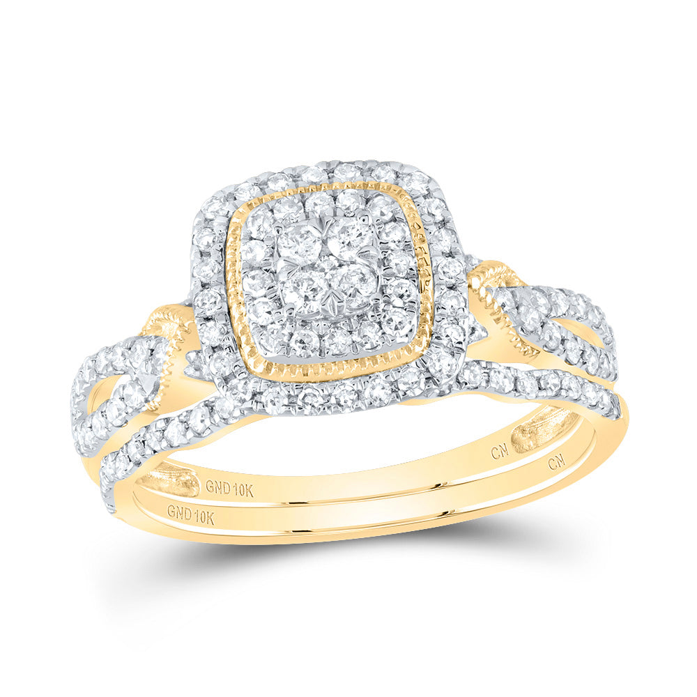 10kt Yellow Gold 1/2 Cttw Natural Diamond Cushion Double Halo Wedding Engagement Anniversary Bridal Set, Women Size: 5-9