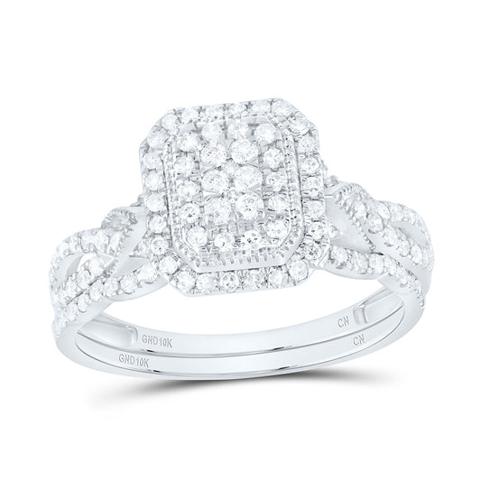 10kt White Gold 1/2 Cttw Natural Diamond Emerald Double Halo Wedding Engagement Anniversary Bridal Set, Women Size: 5-9