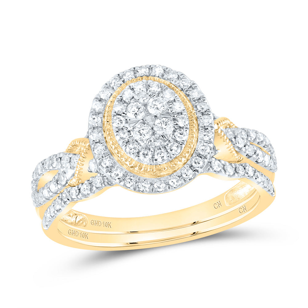 10kt Yellow Gold 1/2 Cttw Natural Diamond Oval Double Halo Wedding Engagement Anniversary Bridal Set, Women Size: 5-9