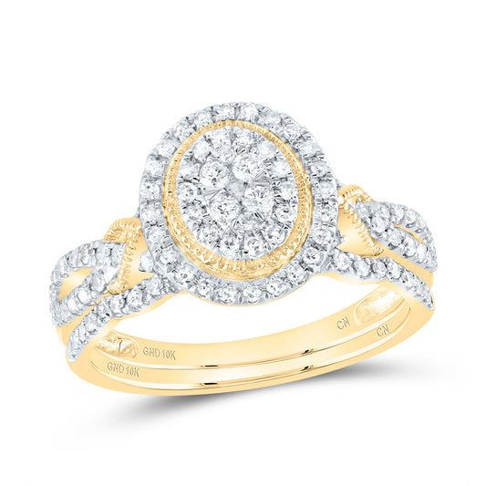 10kt Yellow Gold 1/2 Cttw Natural Diamond Oval Double Halo Wedding Engagement Anniversary Bridal Set, Women Size: 5-9