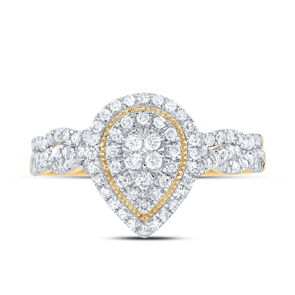14kt Yellow Gold 1/2 Cttw Natural Diamond Pear Double Halo Wedding Engagement Anniversary Bridal Set, Women Size: 5-9