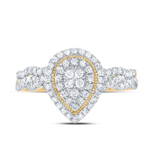 14kt Yellow Gold 1/2 Cttw Natural Diamond Pear Double Halo Wedding Engagement Anniversary Bridal Set, Women Size: 5-9