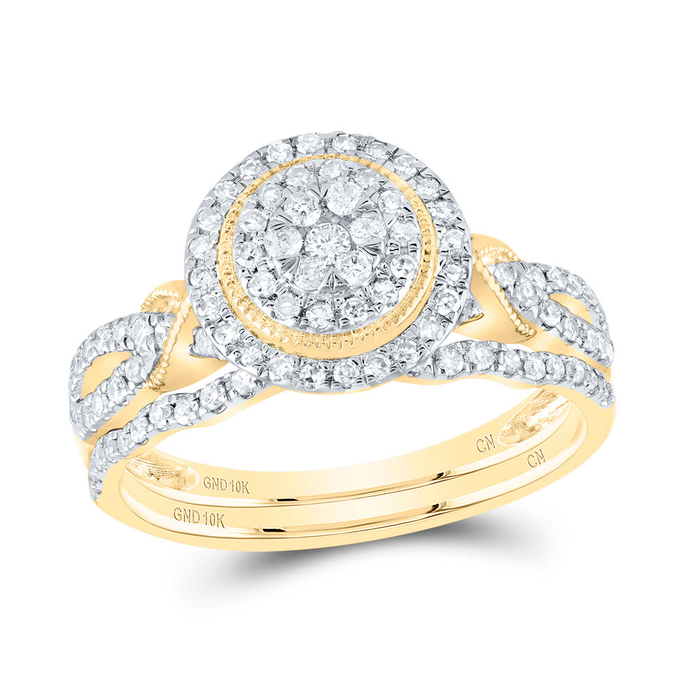 10kt Yellow Gold 1/2 Cttw Natural Diamond Round Double Halo Wedding Engagement Anniversary Bridal Set, Women Size: 5-9