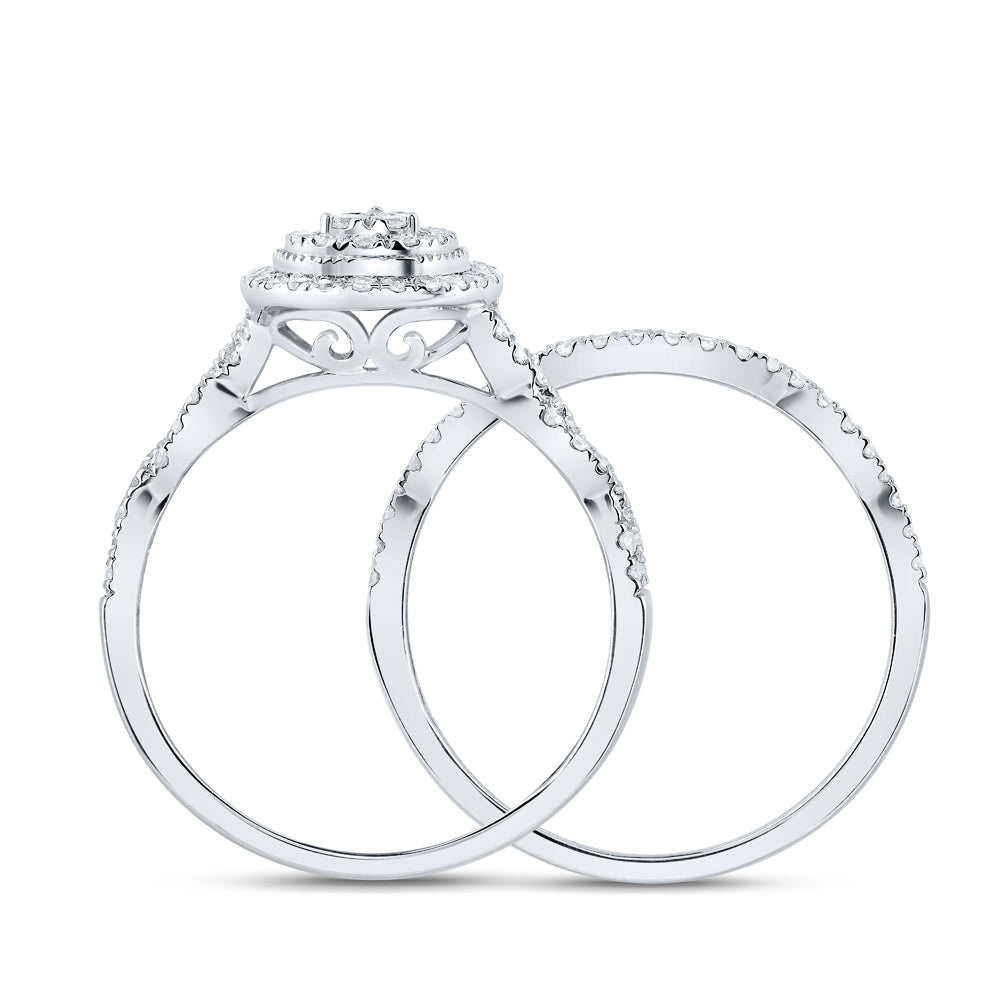 14kt White Gold 1/2 Cttw Natural Diamond Pear Double Halo Wedding Engagement Anniversary Bridal Set, Women Size: 5-9