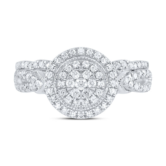 10kt White Gold 1/2 Cttw Natural Diamond Round Double Halo Wedding Engagement Anniversary Bridal Set, Women Size: 5-9
