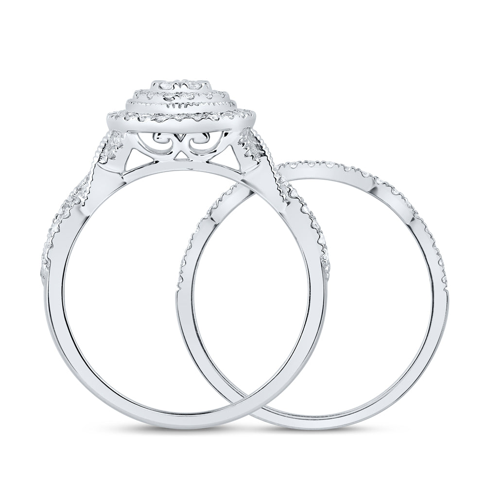 10kt White Gold 1/2 Cttw Natural Diamond Round Double Halo Wedding Engagement Anniversary Bridal Set, Women Size: 5-9