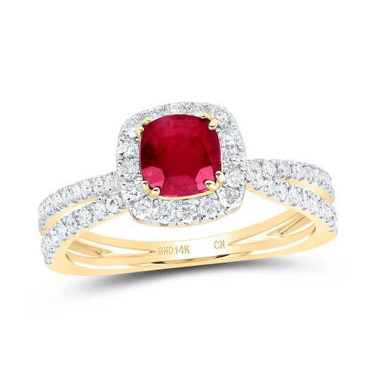 14kt Yellow Gold 1/2 Cttw Natural Diamond 5.5x5.5mm Cushion Ruby Natural Wedding Engagement Anniversary Gem Ring, Women Size: 5-9