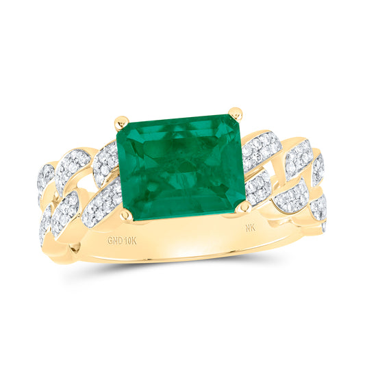 10kt Yellow Gold 1/2 Cttw Natural Diamond 10x8 Mm Emerald Emerald Synthetic Cuban Men's Ring, Men Size: 8-12