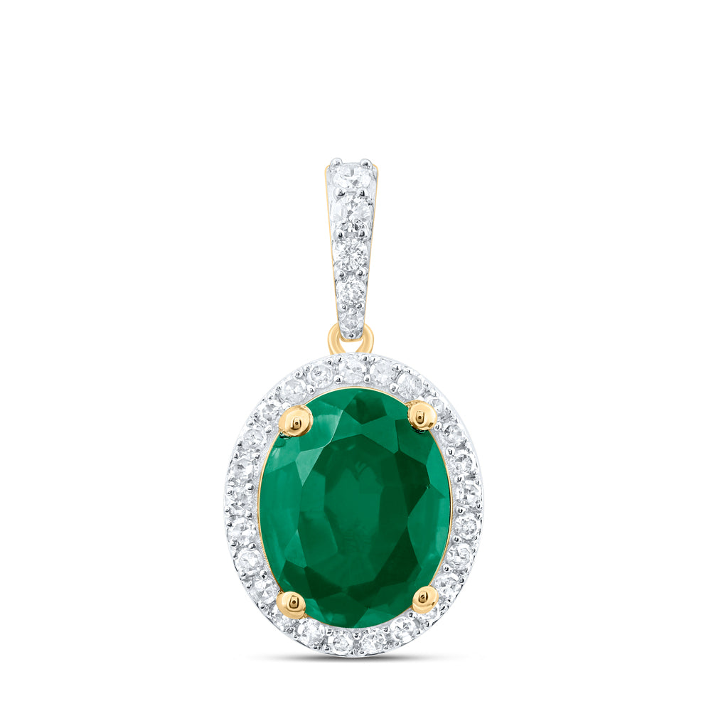 10kt Yellow Gold 1/4 Cttw Natural Diamond 10x8 Mm Oval Emerald Synthetic Pendant