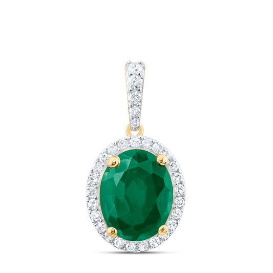 10kt Yellow Gold 1/4 Cttw Natural Diamond 10x8 Mm Oval Emerald Synthetic Pendant