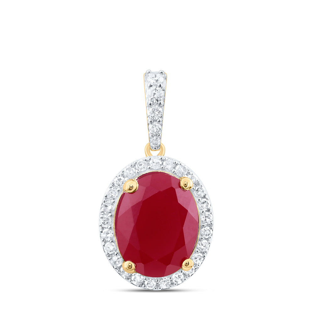 10kt Yellow Gold 1/4 Cttw Natural Diamond 10x8 Mm Oval Ruby Synthetic Pendant
