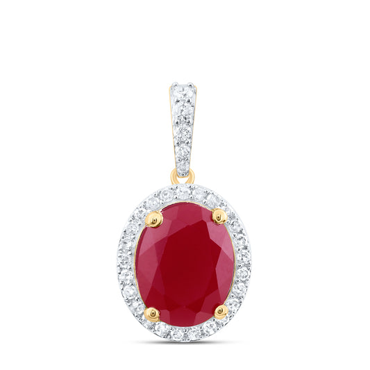 10kt Yellow Gold 1/4 Cttw Natural Diamond 10x8 Mm Oval Ruby Synthetic Pendant