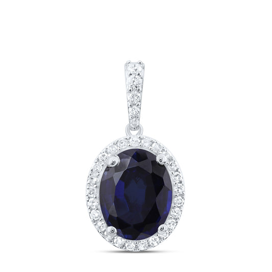 10kt White Gold 1/4 Cttw Natural Diamond 10x8 Mm Oval Blue Sapphire Synthetic Pendant