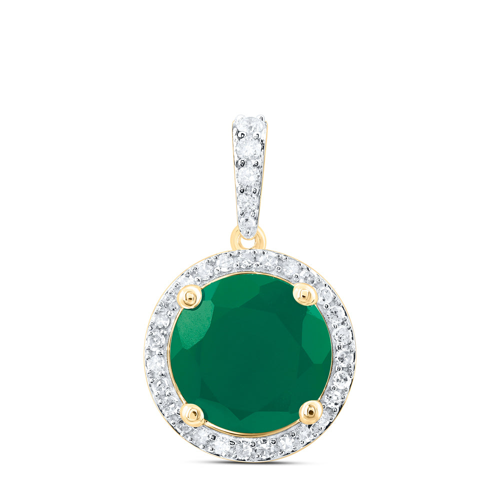 10kt Yellow Gold 1/4 Cttw Natural Diamond 10 Mm Round Emerald Synthetic Pendant