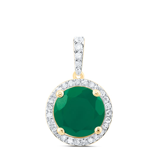 10kt Yellow Gold 1/4 Cttw Natural Diamond 10 Mm Round Emerald Synthetic Pendant