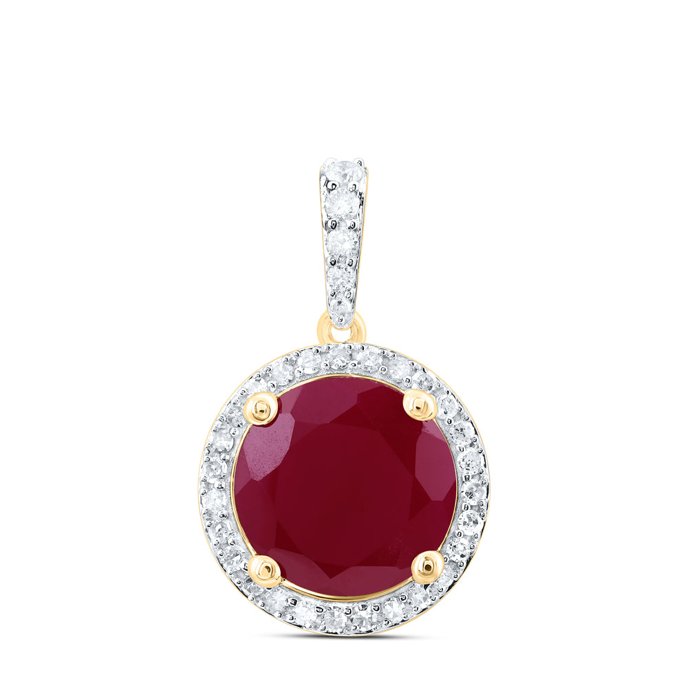 10kt Yellow Gold 1/4 Cttw Natural Diamond 10 Mm Round Ruby Synthetic Pendant
