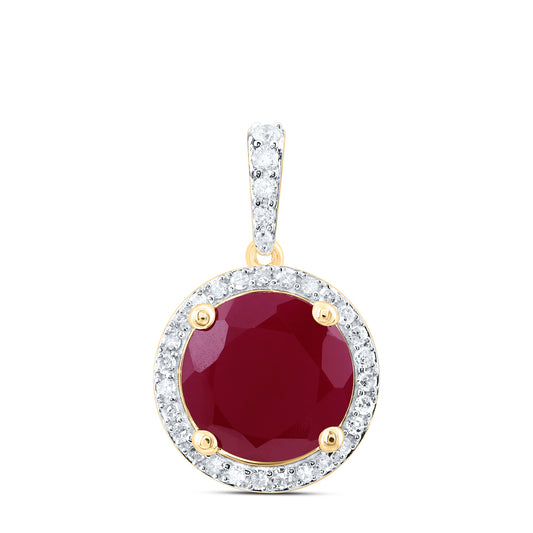 10kt Yellow Gold 1/4 Cttw Natural Diamond 10 Mm Round Ruby Synthetic Pendant