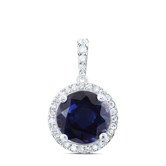 10kt White Gold 1/4 Cttw Natural Diamond 10 Mm Round Blue Sapphire Synthetic Pendant