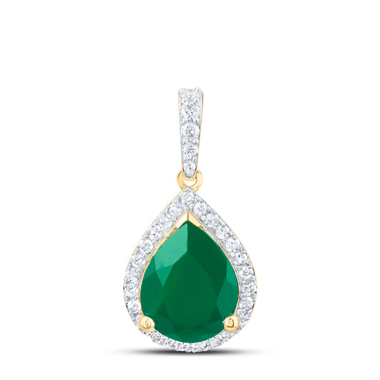 10kt Yellow Gold 1/4 Cttw Natural Diamond 10x8 Mm Pear Emerald Synthetic Pendant