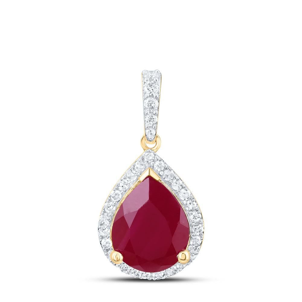 10kt Yellow Gold 1/4 Cttw Natural Diamond 10x8 Mm Pear Ruby Synthetic Pendant