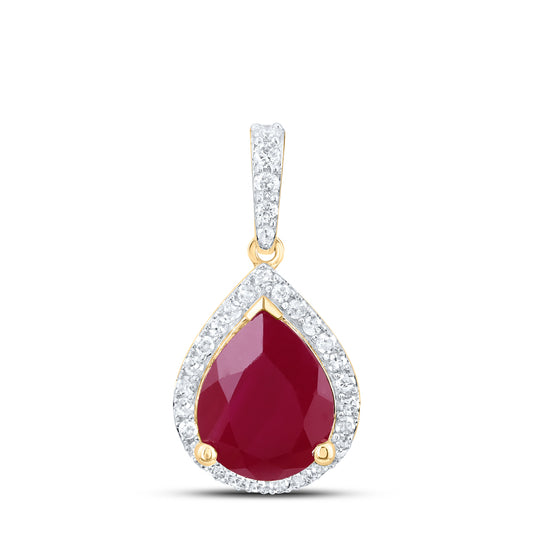 10kt Yellow Gold 1/4 Cttw Natural Diamond 10x8 Mm Pear Ruby Synthetic Pendant
