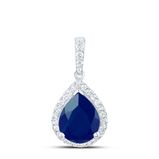 10kt White Gold 1/4 Cttw Natural Diamond 10x8 Mm Pear Blue Sapphire Synthetic Pendant