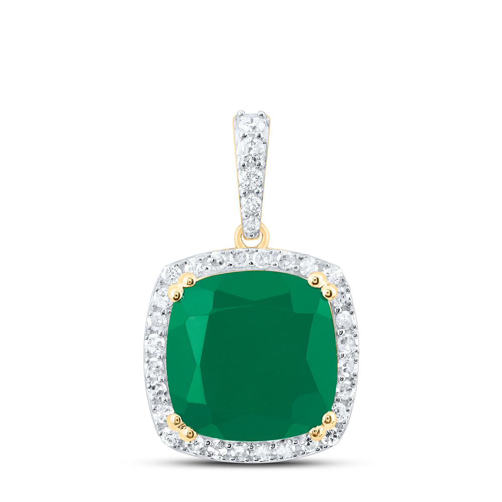 10kt Yellow Gold 1/3 Cttw Natural Diamond 10x10 Mm Cushion Emerald Synthetic Pendant