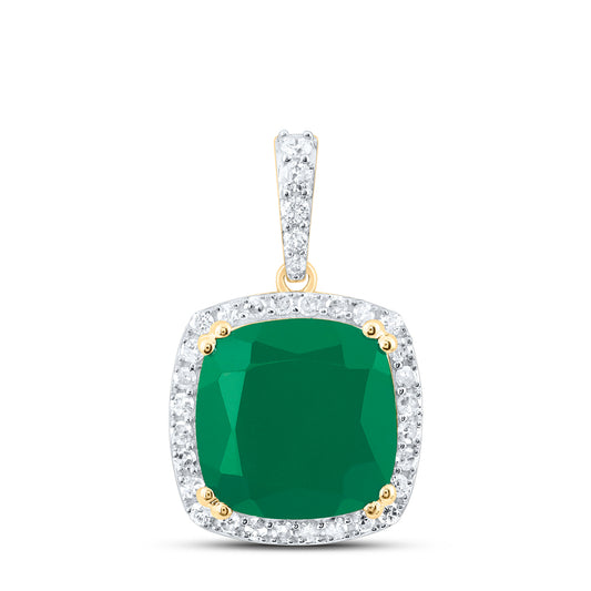 10kt Yellow Gold 1/3 Cttw Natural Diamond 10x10 Mm Cushion Emerald Synthetic Pendant