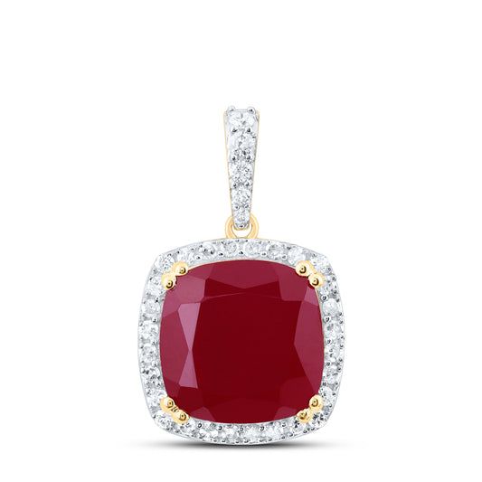 10kt Yellow Gold 1/3 Cttw Natural Diamond 10x10 Mm Cushion Ruby Synthetic Pendant