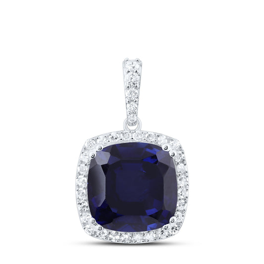 10kt White Gold 1/3 Cttw Natural Diamond 10x10 Mm Cushion Blue Sapphire Synthetic Pendant