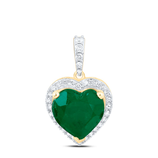 10kt Yellow Gold 1/3 Cttw Natural Diamond 10x10 Mm Heart Emerald Synthetic Pendant