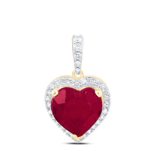 10kt Yellow Gold 1/3 Cttw Natural Diamond 10x10 Mm Heart Ruby Synthetic Pendant