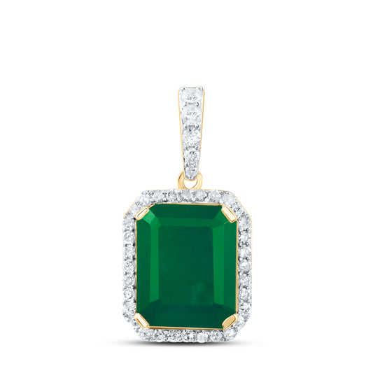 10kt Yellow Gold 1/4 Cttw Natural Diamond 10x8 Mm Emerald Emerald Synthetic Pendant