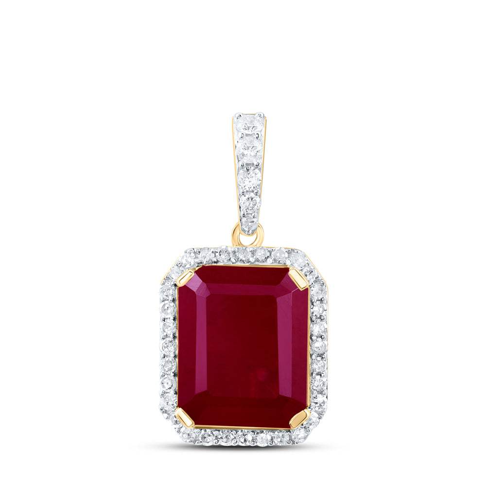10kt Yellow Gold 1/4 Cttw Natural Diamond 10x8 Mm Emerald Ruby Synthetic Pendant