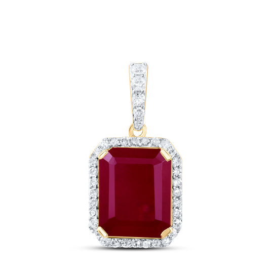 10kt Yellow Gold 1/4 Cttw Natural Diamond 10x8 Mm Emerald Ruby Synthetic Pendant